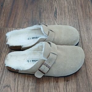 Birkenstock Beige Suede Clogs with White Lining